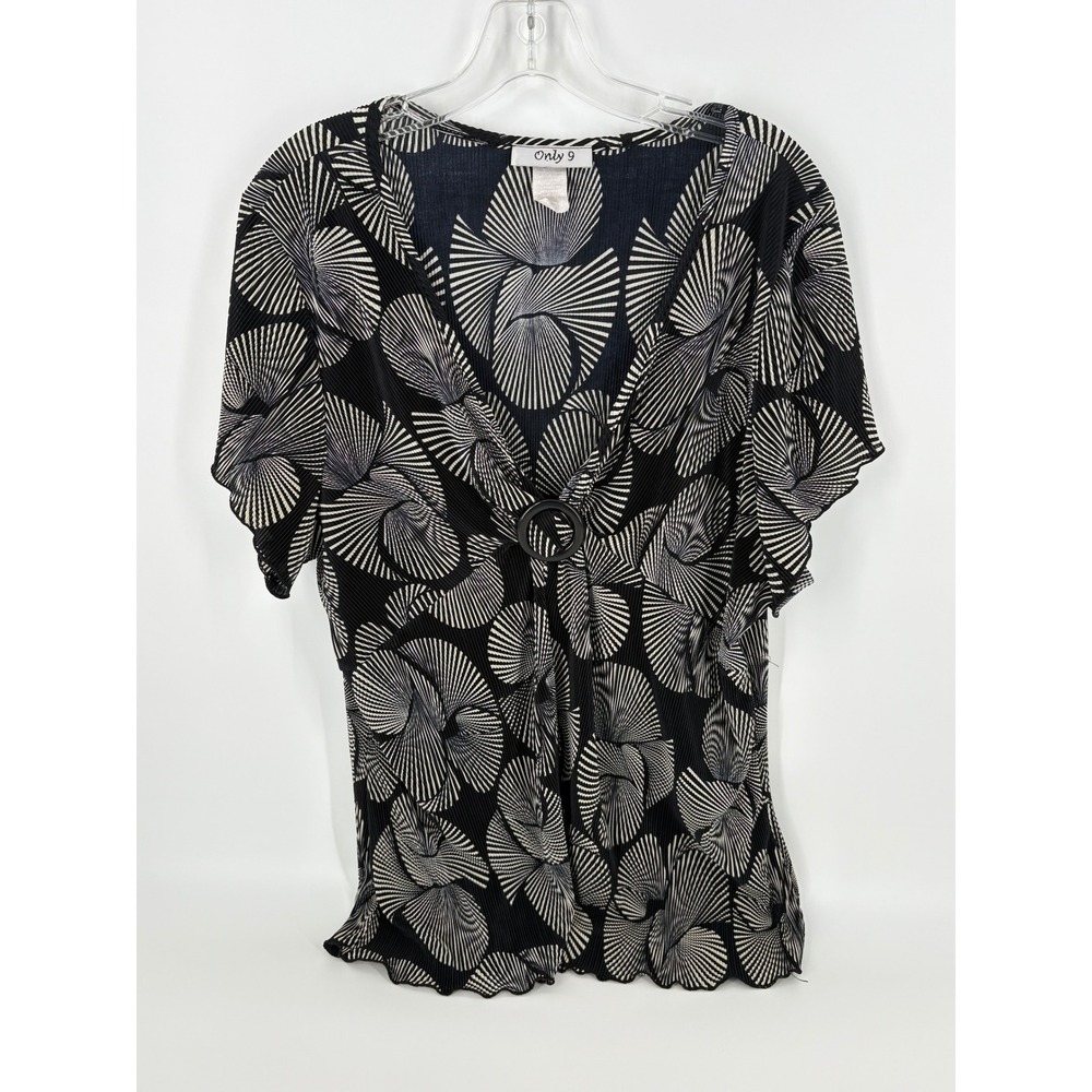 Only 9 Black Beige Abstract‎ Print Short Sleeve Blouse Top